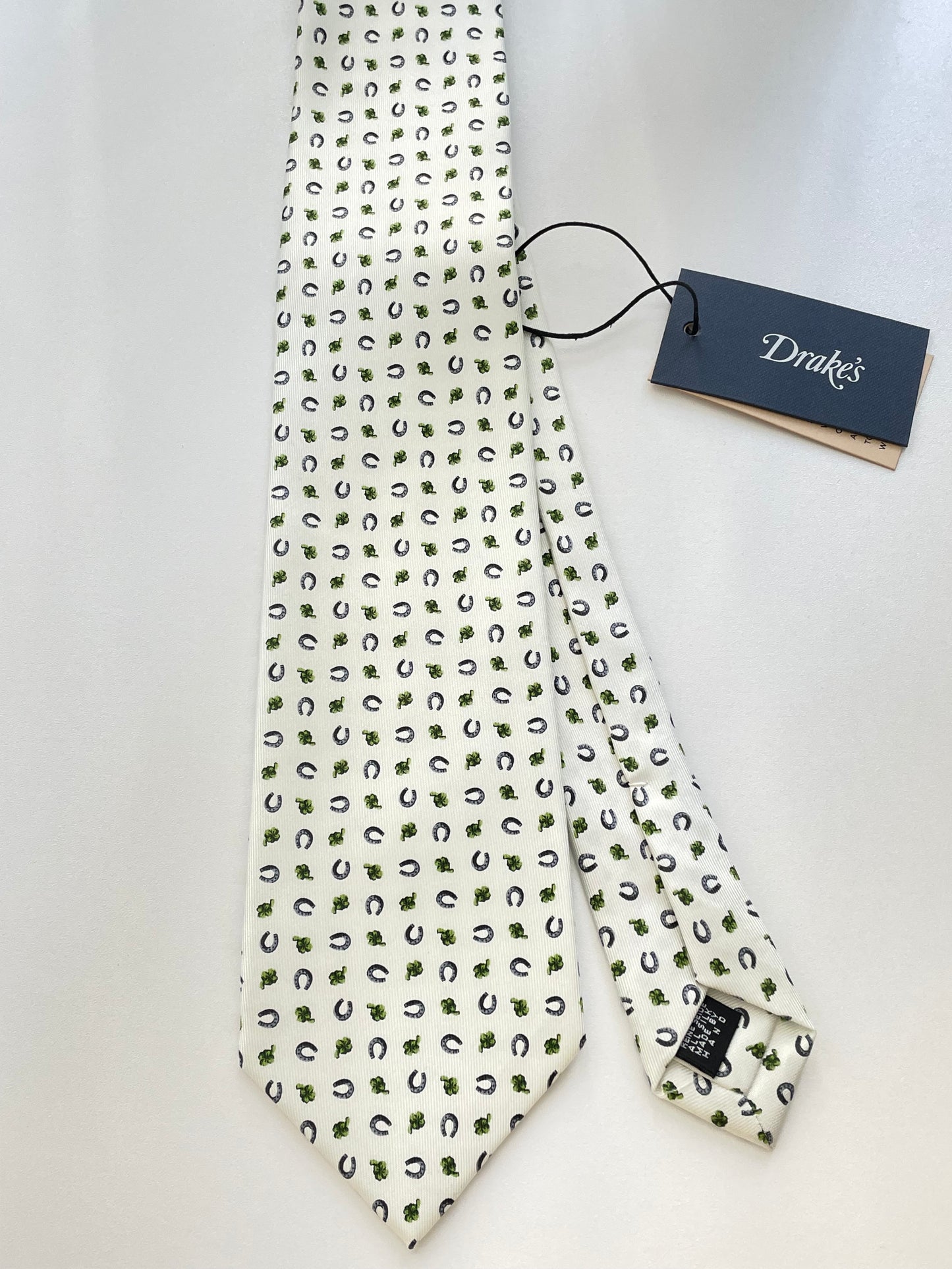 Drakes Handmade Tipped Silk Tie With Tag Horseshoe and Four-leaf clover
