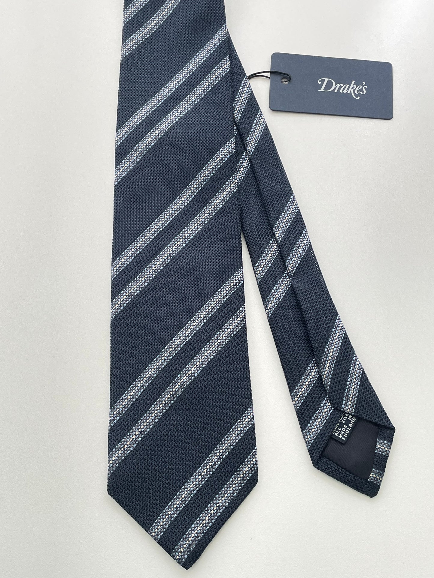 Drakes Handmade Striped Tipped Silk Tie With Tag