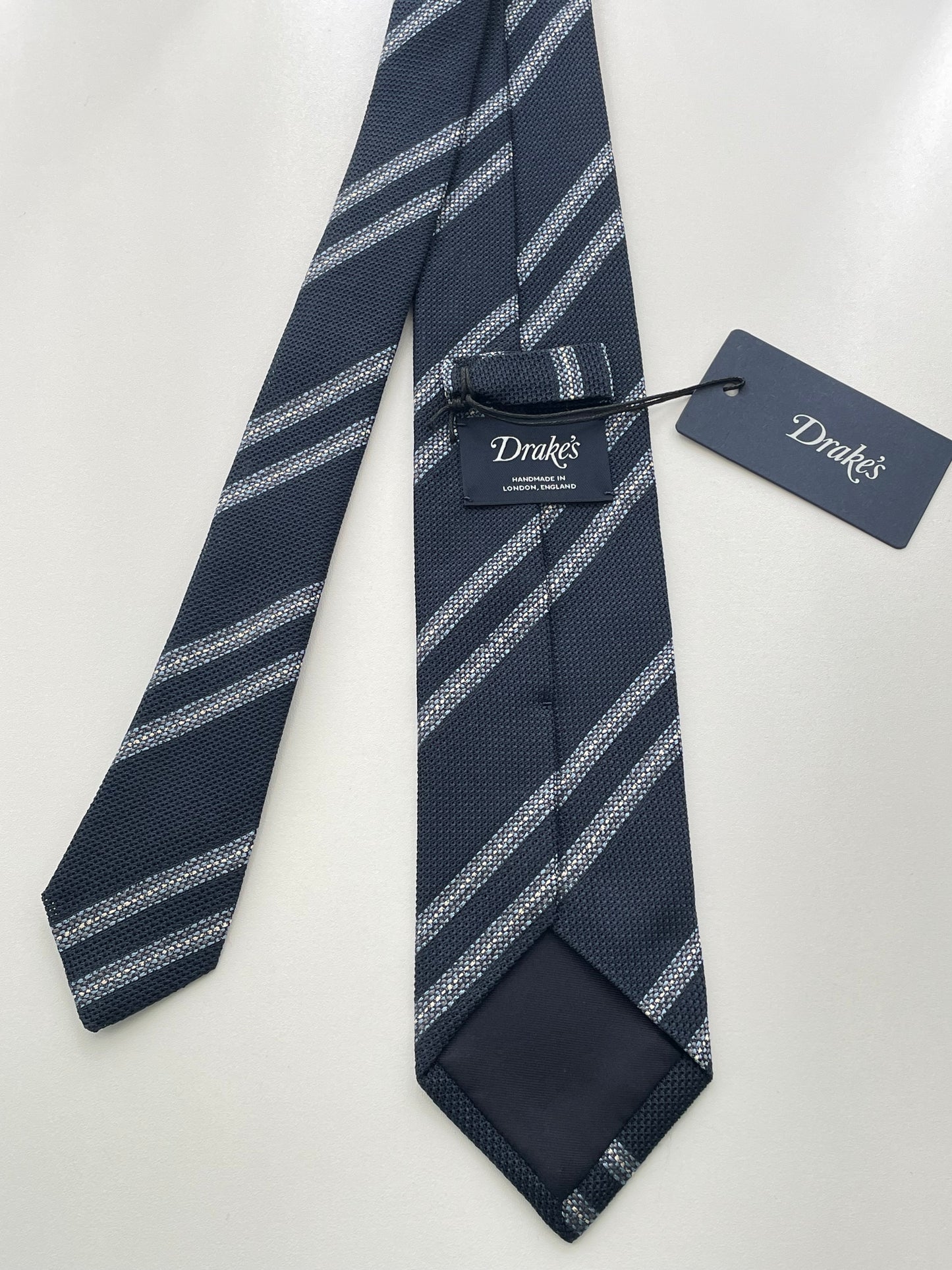 Drakes Handmade Striped Tipped Silk Tie With Tag