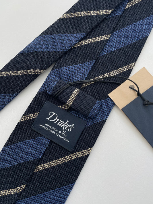 Drakes Handmade Rolled Edge Striped Cotton Silk Tie With Tag