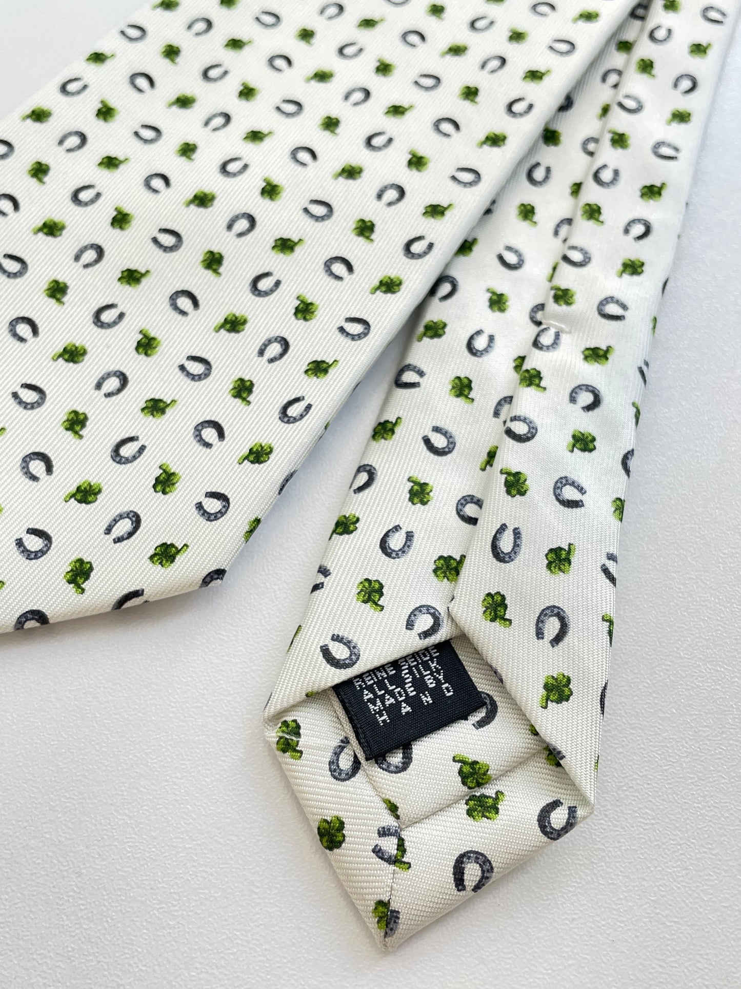 Drakes Handmade Tipped Silk Tie With Tag Horseshoe and Four-leaf clover