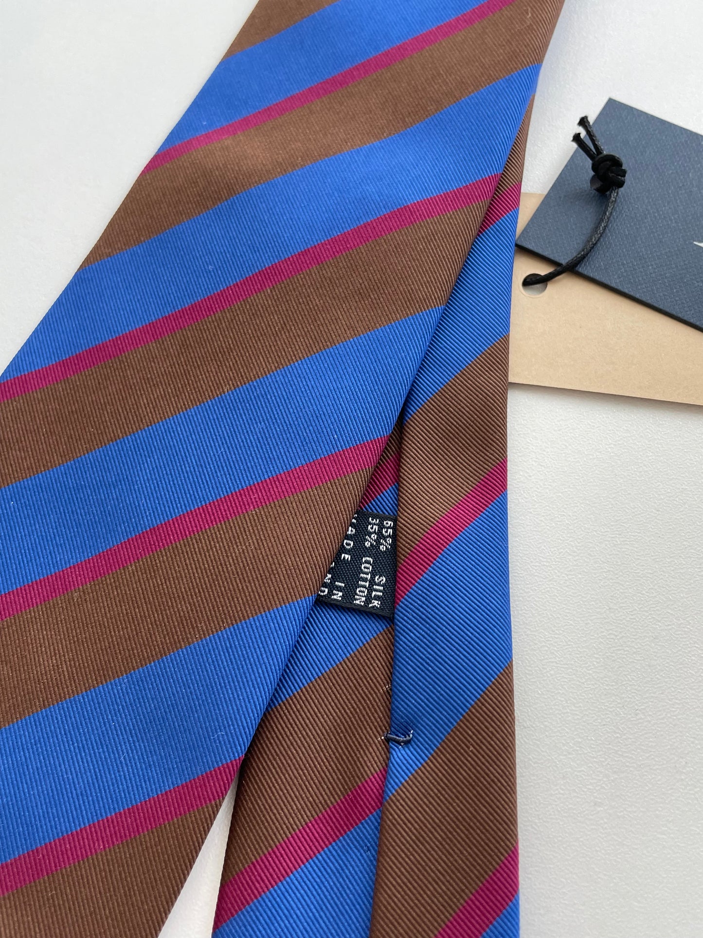 Drakes Handmade Striped Rolled Edge Cotton Silk Tie With Tag