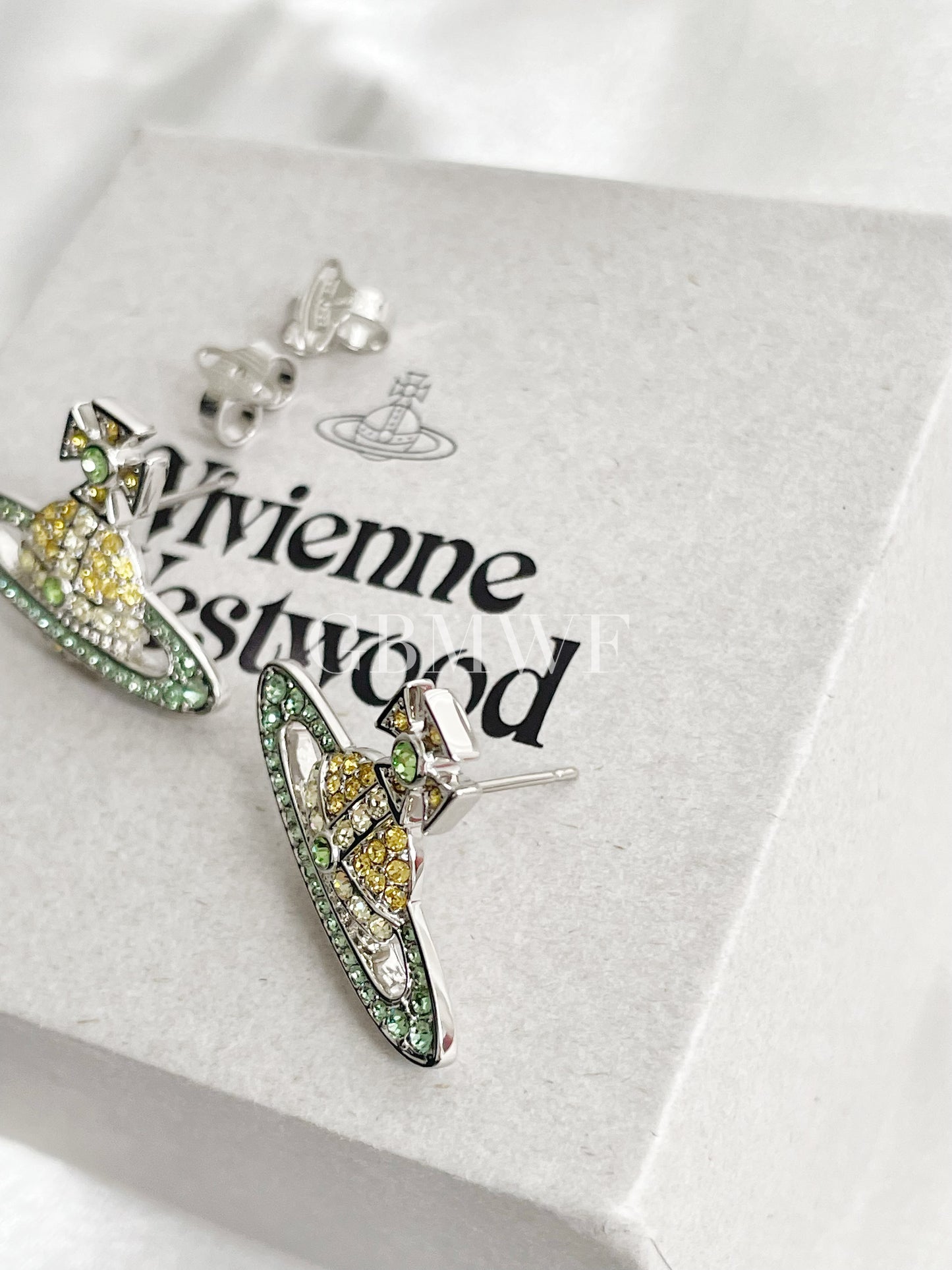 Vivienne Westwood Kika Silver Earrings Yellow/Green With Original Box