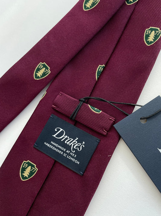 Drakes 1977 Pine Crest Silk Tie – Burgundy Regimental Style
