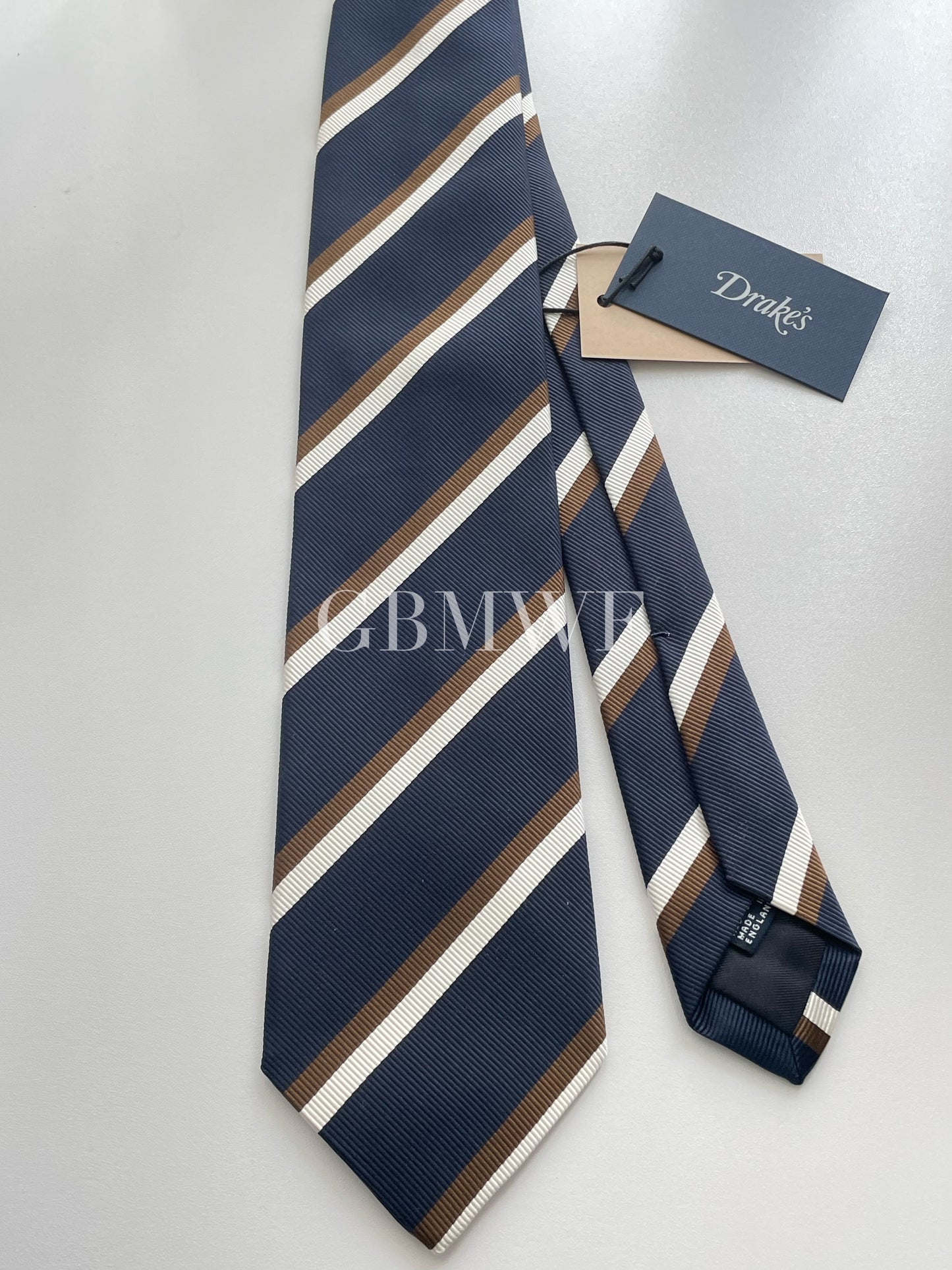 Drakes Handmade Striped Tipped Silk Tie With Tag