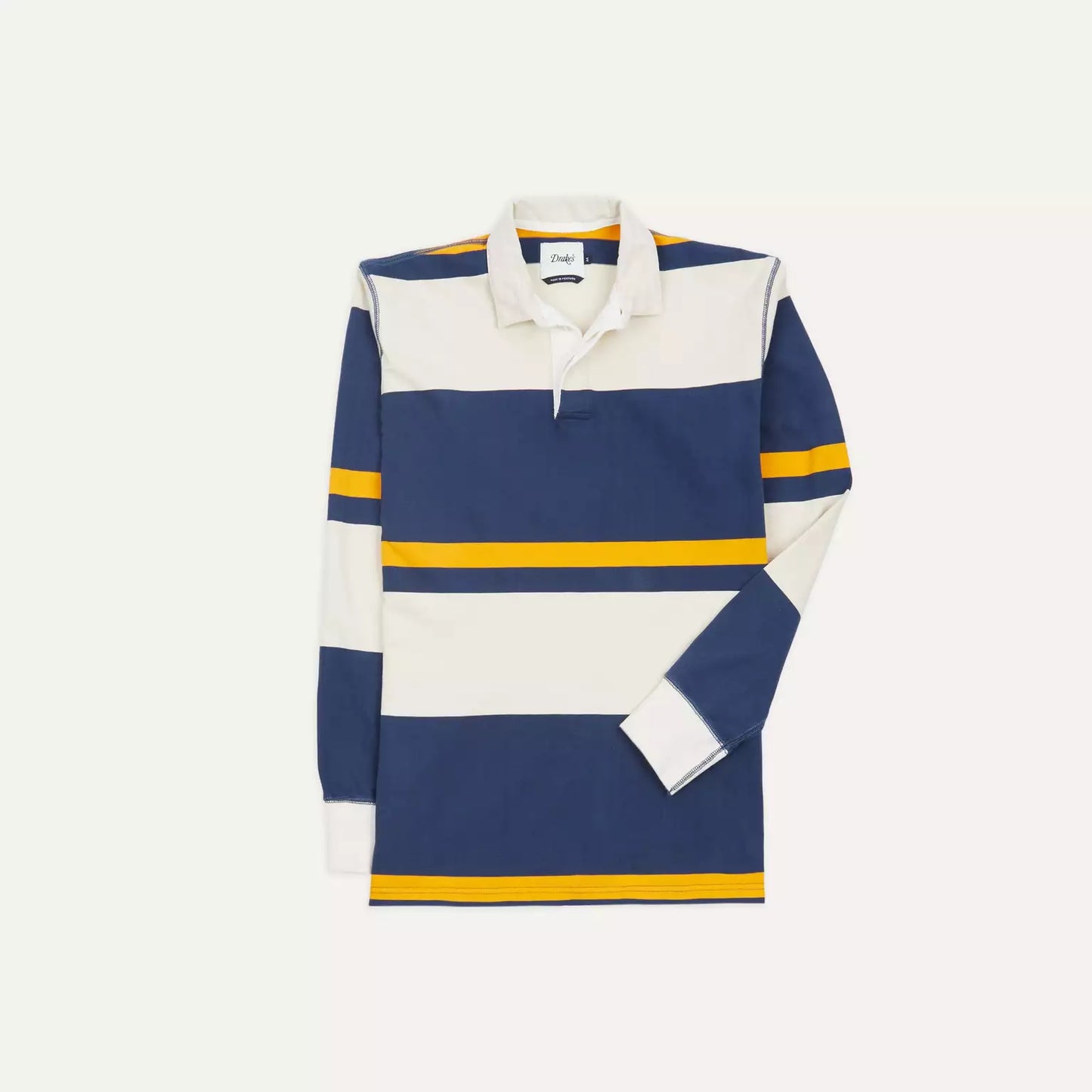 Drakes Ecru, Navy and Yellow Stripe Cotton Rugby Shirt Size Medium