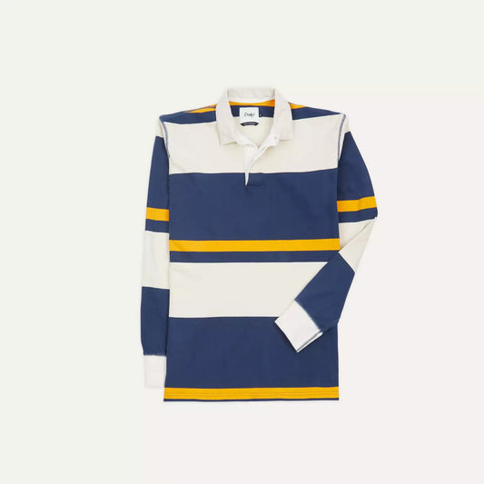 Drakes Ecru, Navy and Yellow Stripe Cotton Rugby Shirt Size Medium