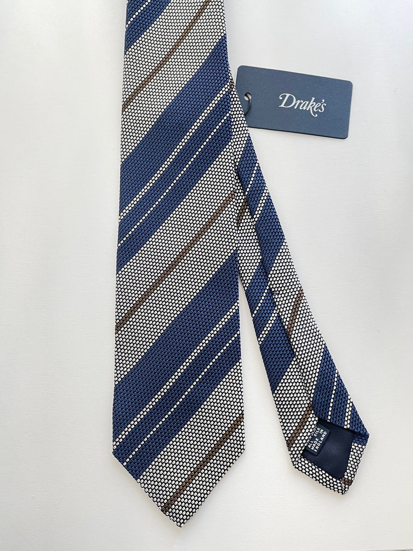 Drakes Handmade Striped Tipped Silk Tie With Tag