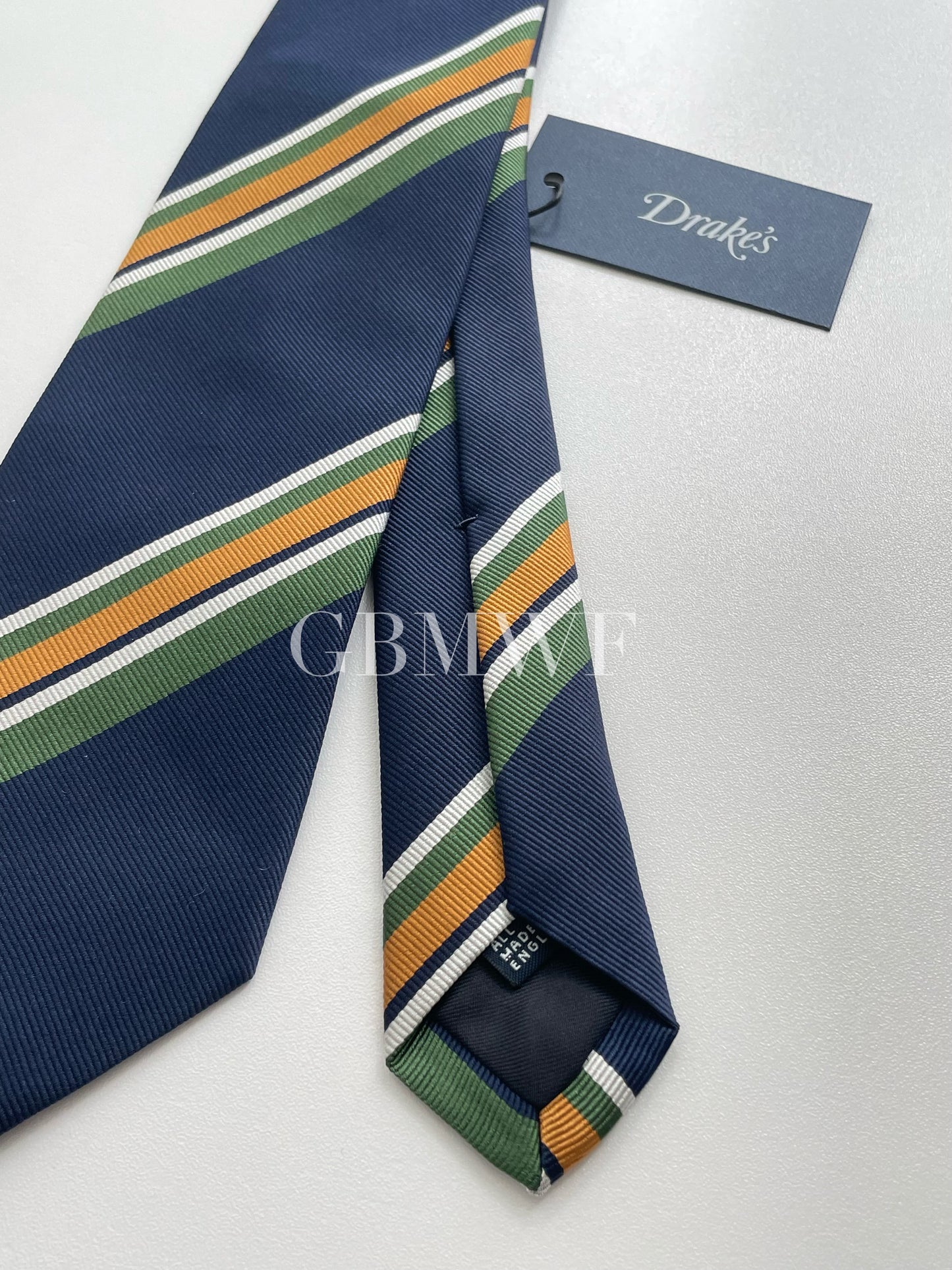 Drakes Handmade Striped Tipped Silk Tie With Tag