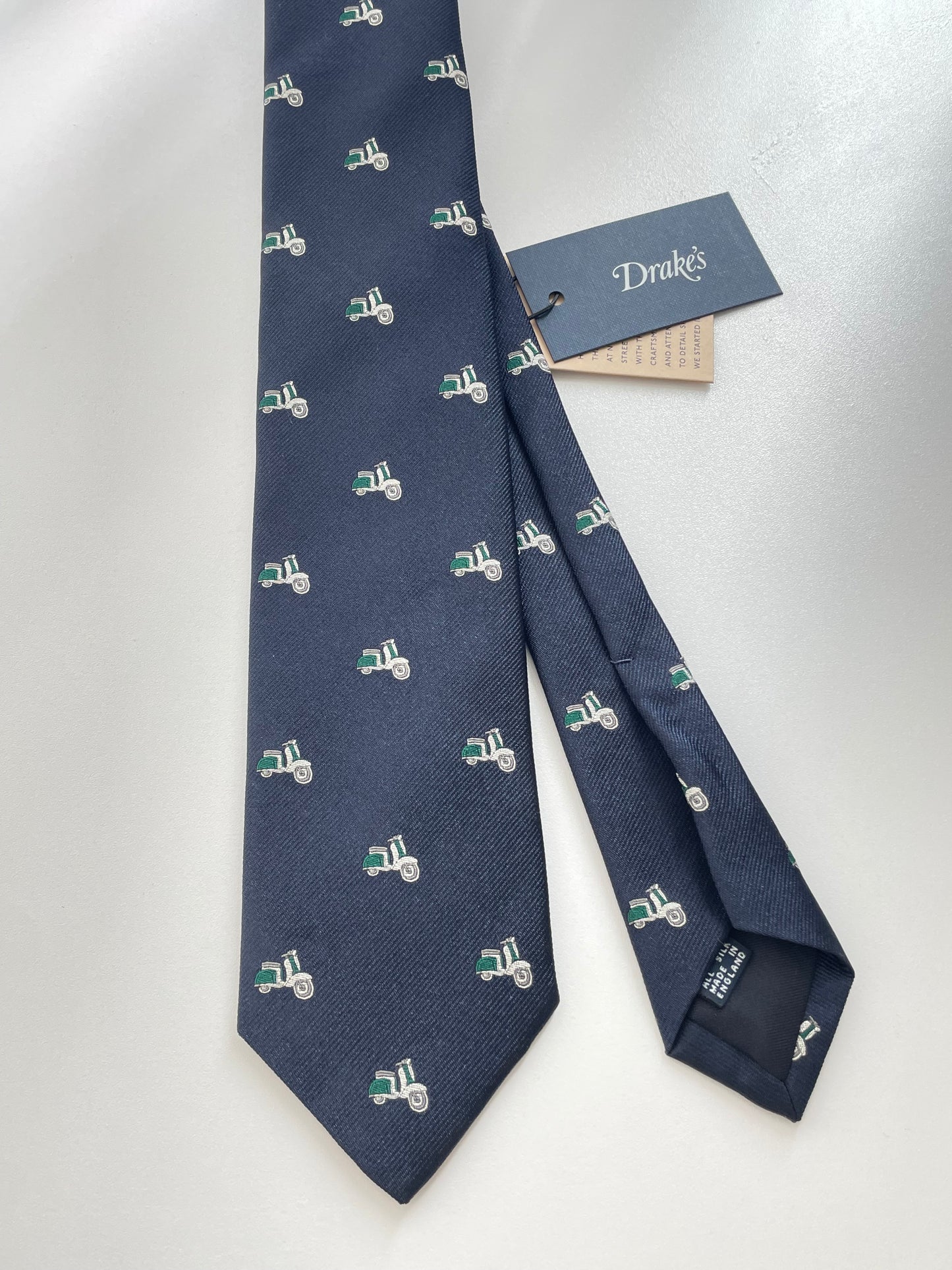Drakes Motor Motif Navy Silk Tie Handmade Tie Limited Edition
