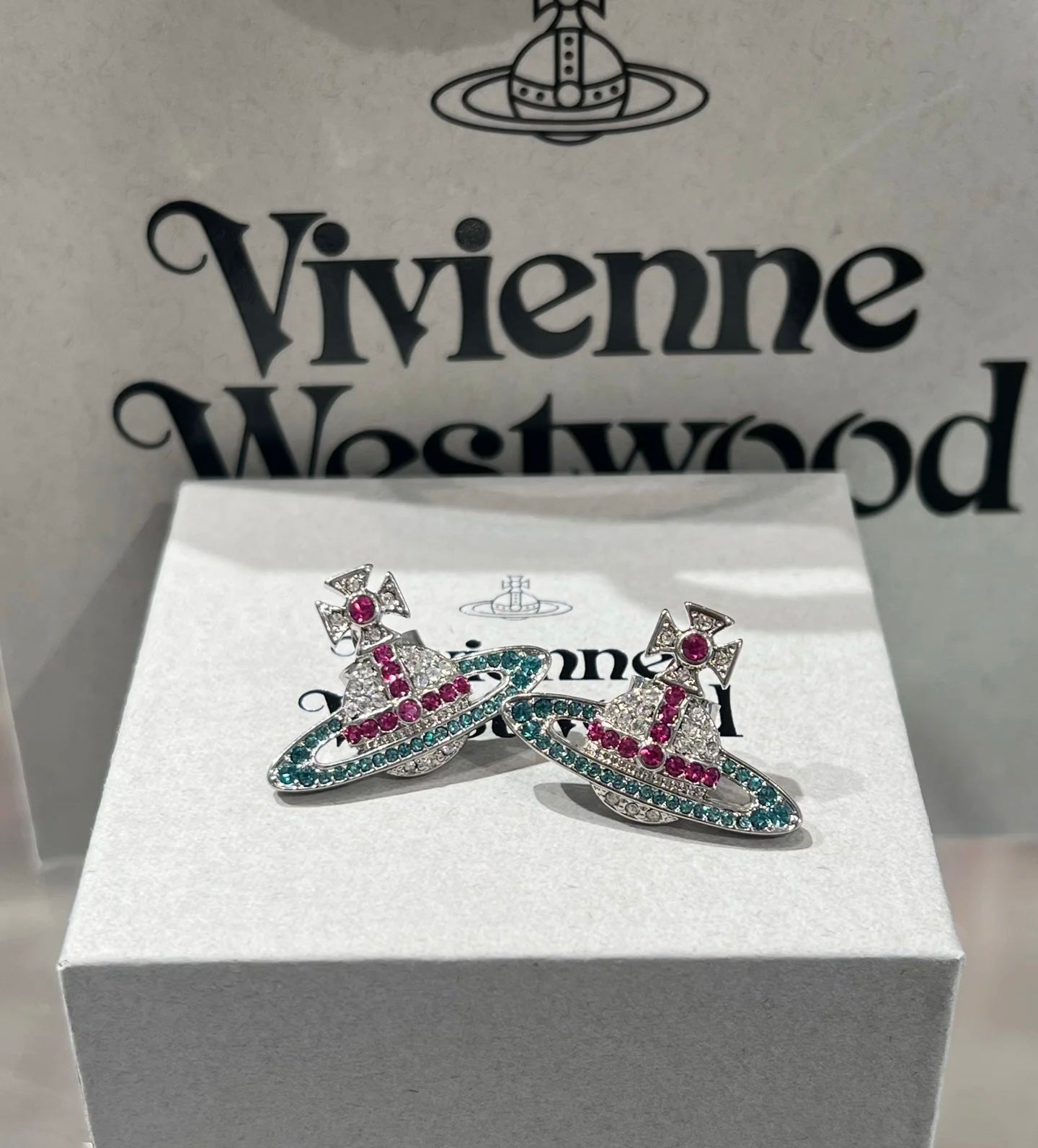Vivienne Westwood Kika Silver Earrings Yellow/Green With Original Box