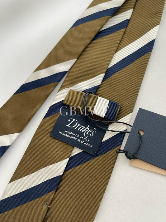 Drakes Handmade Striped Tipped Silk Tie With Tag