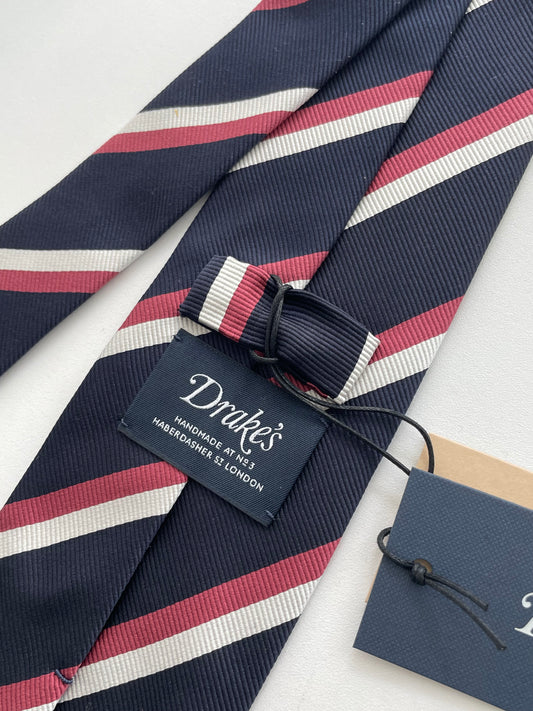 Drakes Handmade Striped Tipped Silk Tie With Tag