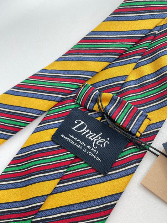 Drakes Hand-rolled Edge Block Stripe Silk Handmade Tie With Tag