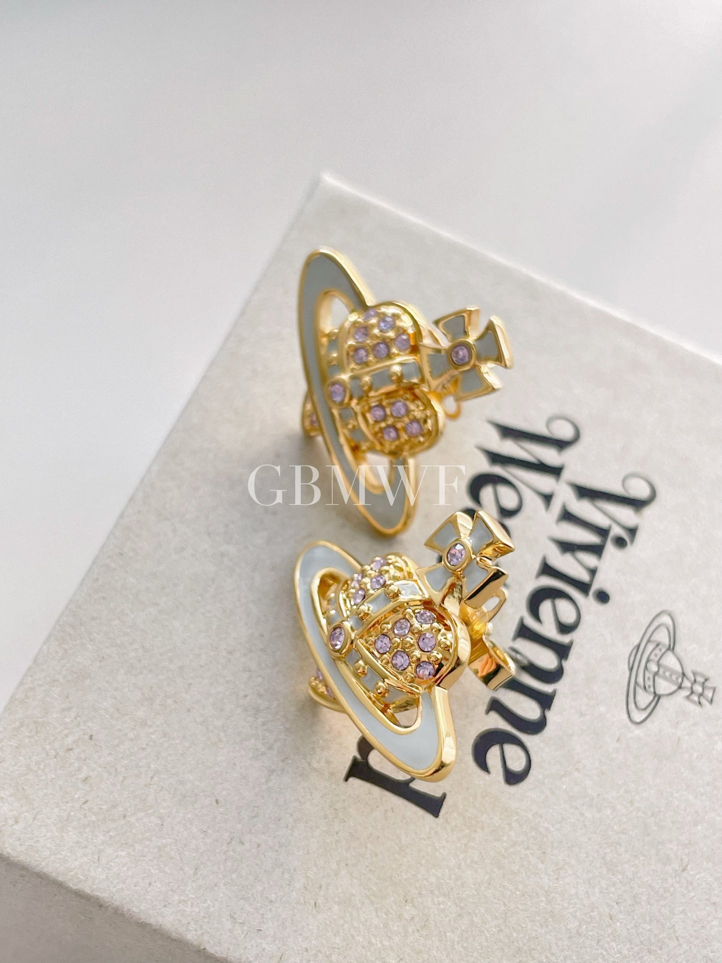 Vivienne Westwood Reverse Heart Studs Earrings Gold Blue and Violet crystal