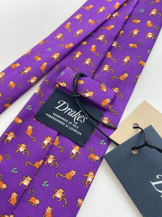 Drakes Red Panda Motif Handmade Tipped Silk Tie With Tag Limited Edition