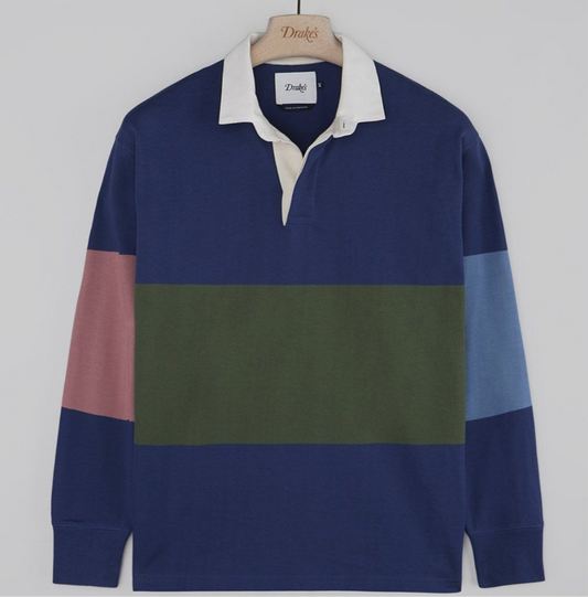 Drakes Navy, Olive, Pink and Blue Stripe Cotton Rugby Shirt Size Medium