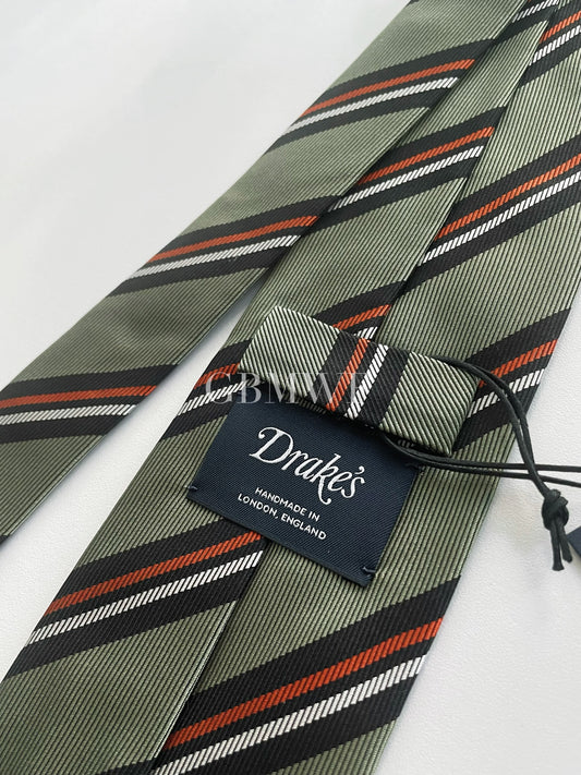 Drakes Handmade Striped Tipped Silk Tie With Tag