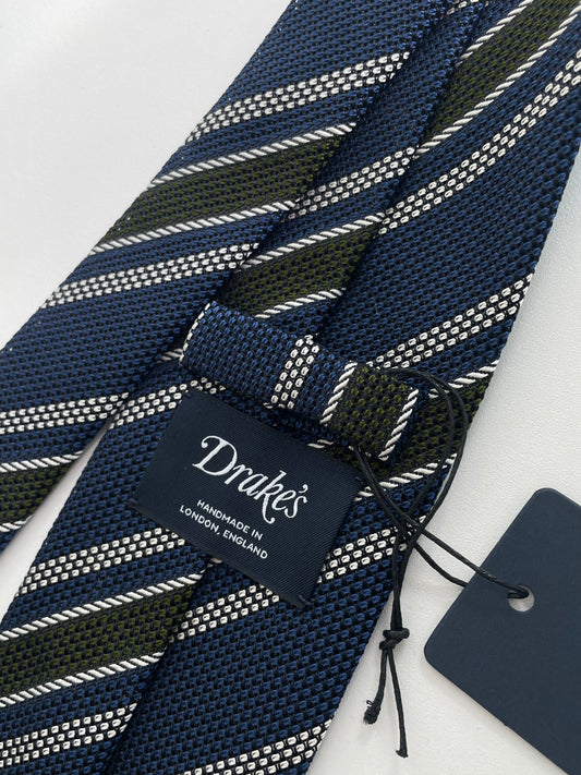 Drakes Handmade Striped Tipped Silk Tie With Tag