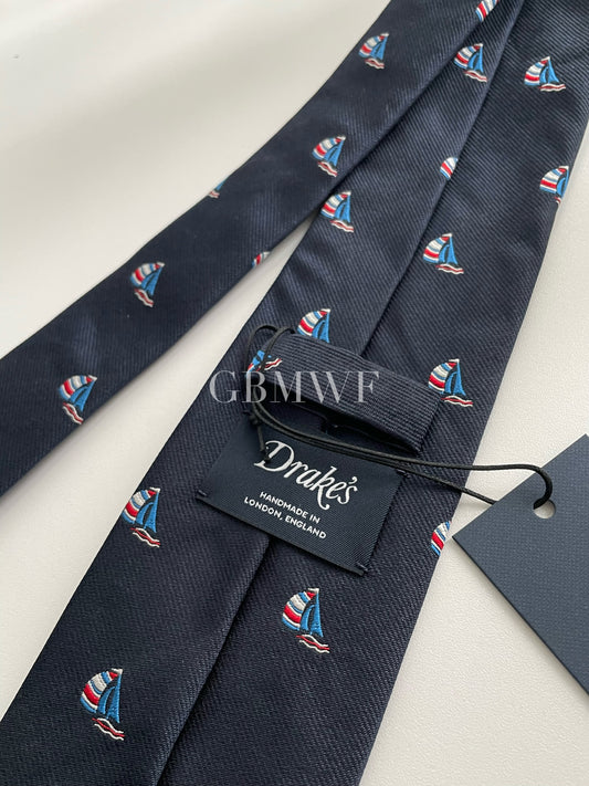 Drakes Handmade Tipped Silk Tie With Tag Sailboat Pattern