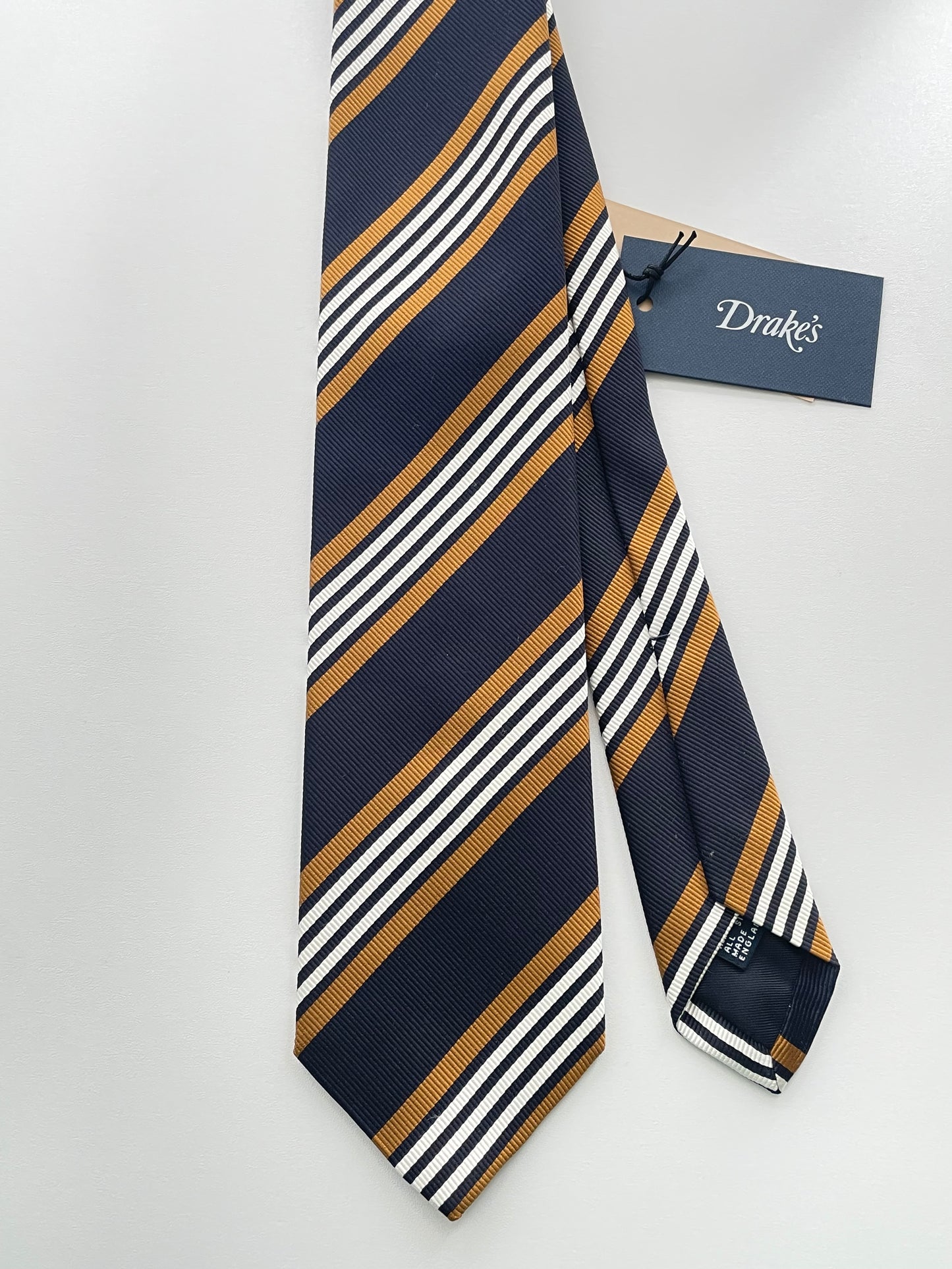 Drakes Handmade Striped Tipped Silk Tie With Tag