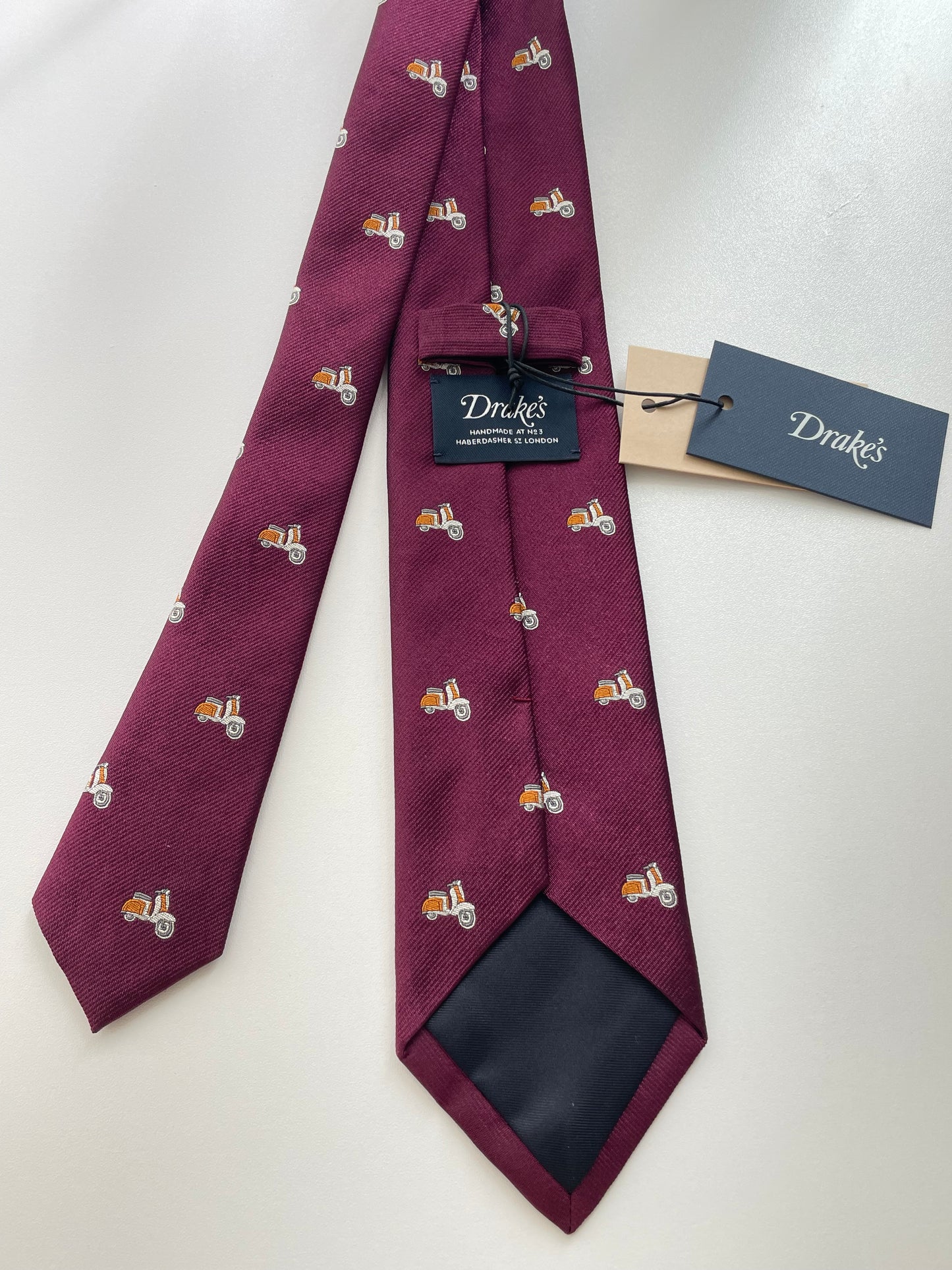 Drakes Motor Motif Burgundy Silk Tie Handmade Tie Limited Edition