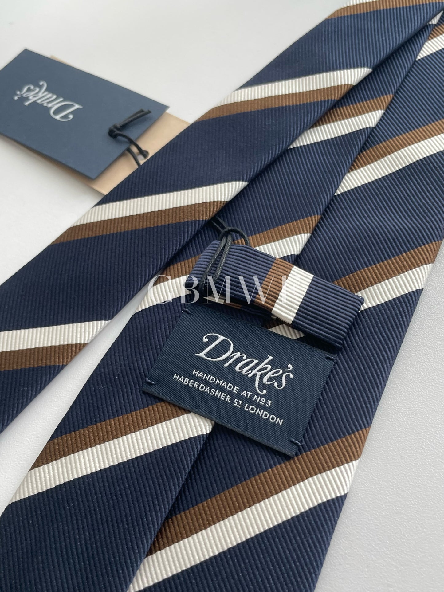 Drakes Handmade Striped Tipped Silk Tie With Tag