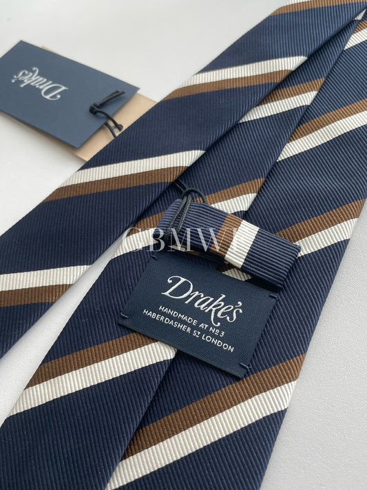 Drakes Handmade Striped Tipped Silk Tie With Tag