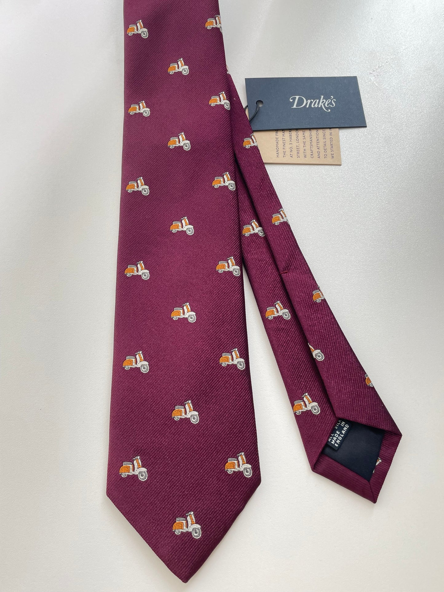 Drakes Motor Motif Burgundy Silk Tie Handmade Tie Limited Edition