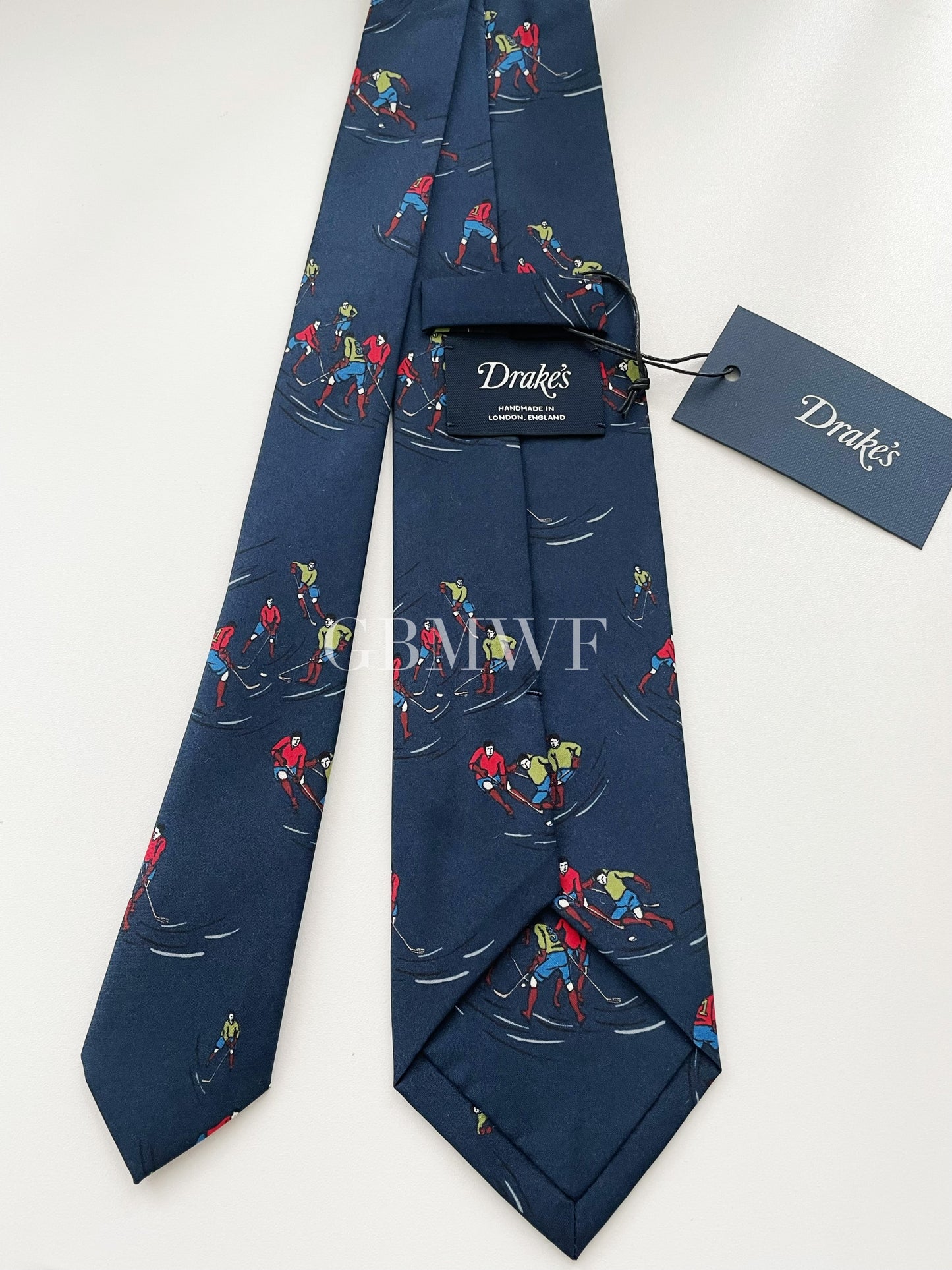 Limited Drakes Navy Handmade Silk Tie with Ice Hockey Motif Sports Collection