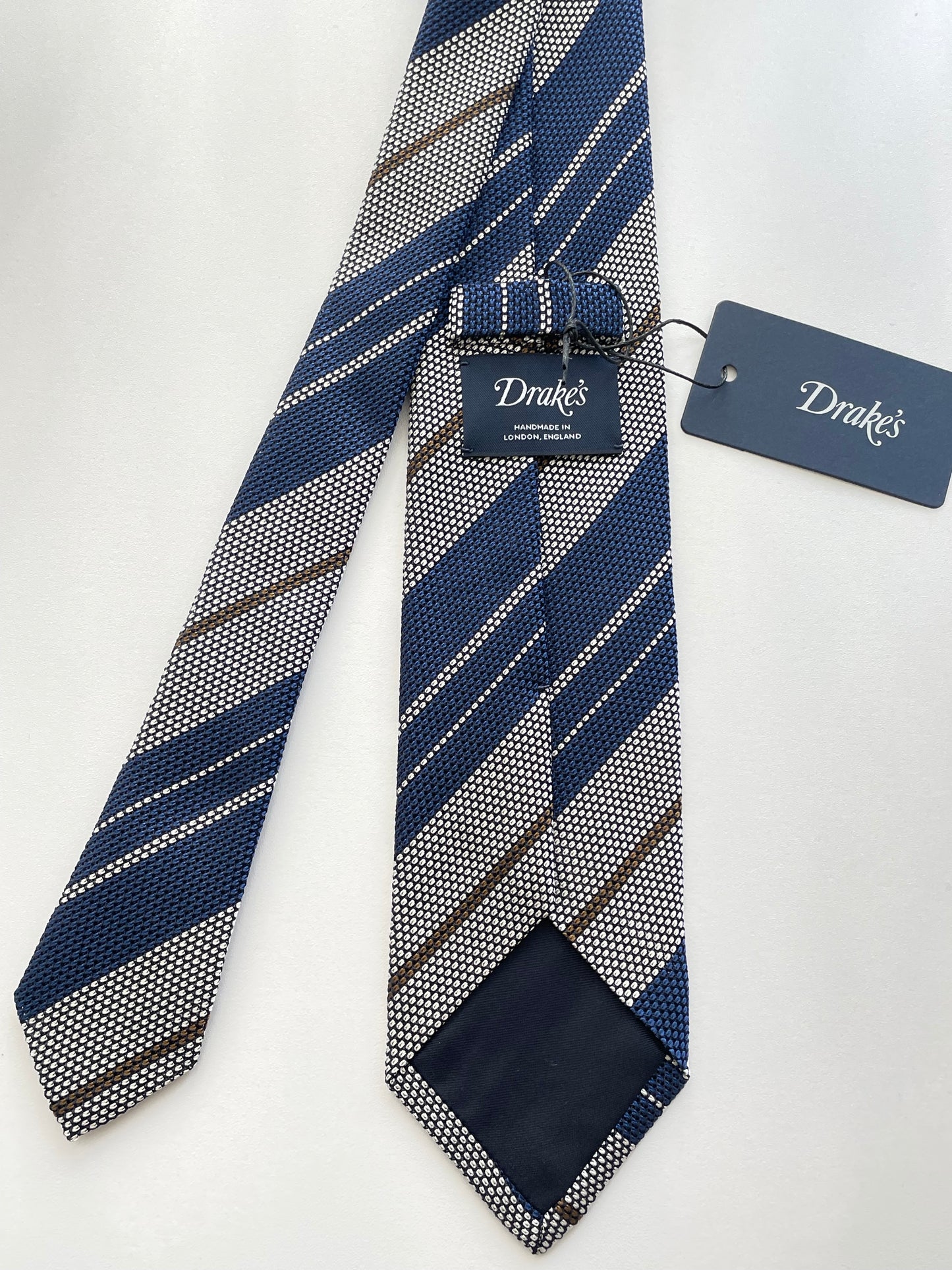 Drakes Handmade Striped Tipped Silk Tie With Tag