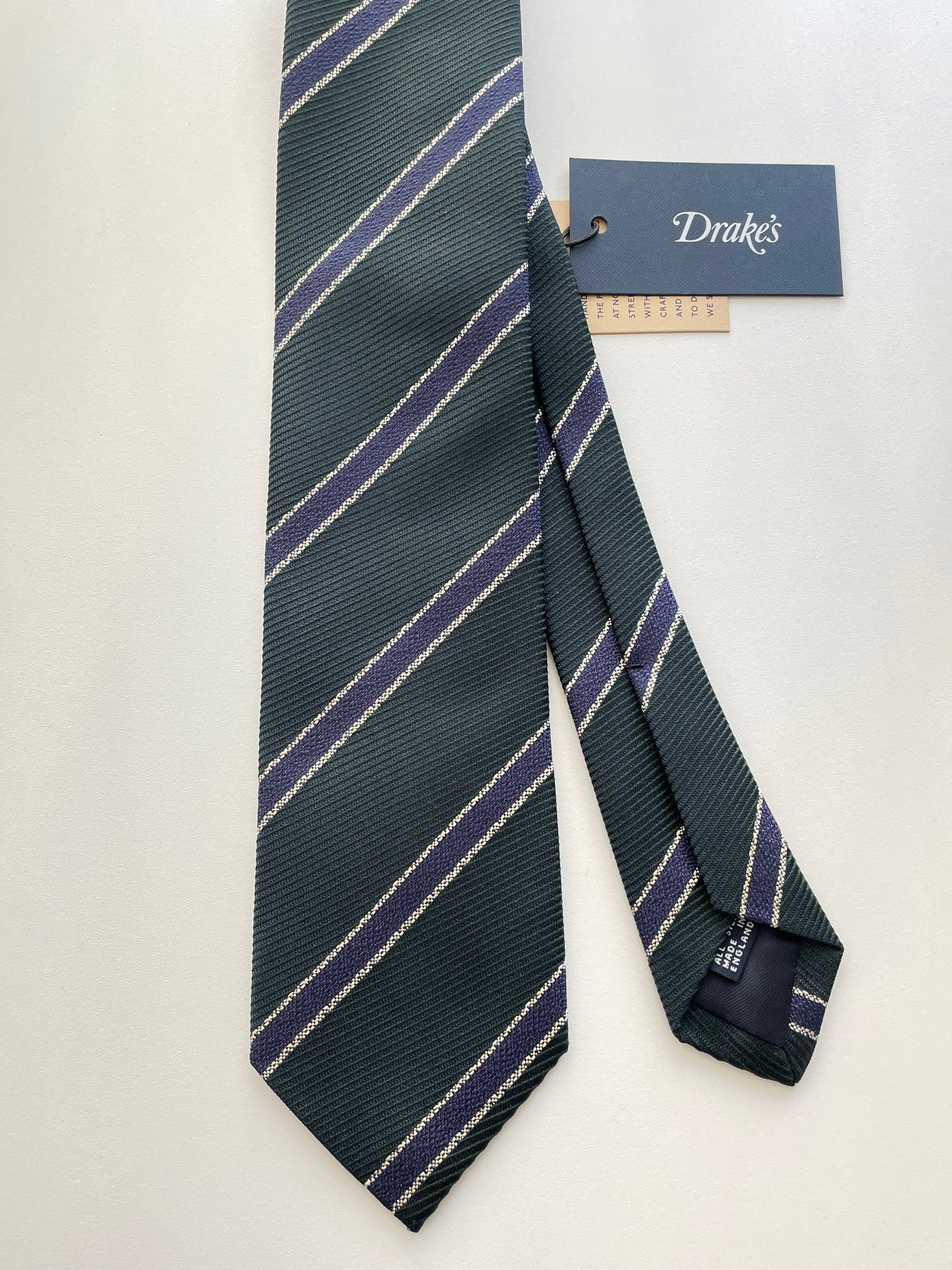 Drakes Handmade Striped Tipped Silk Tie With Tag