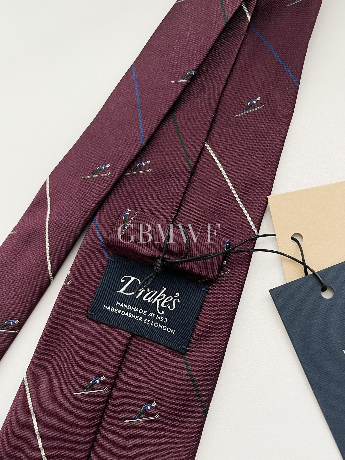 Limited Drakes Burgundy Handmade Silk Tie with Skiing Motif Sports Collection