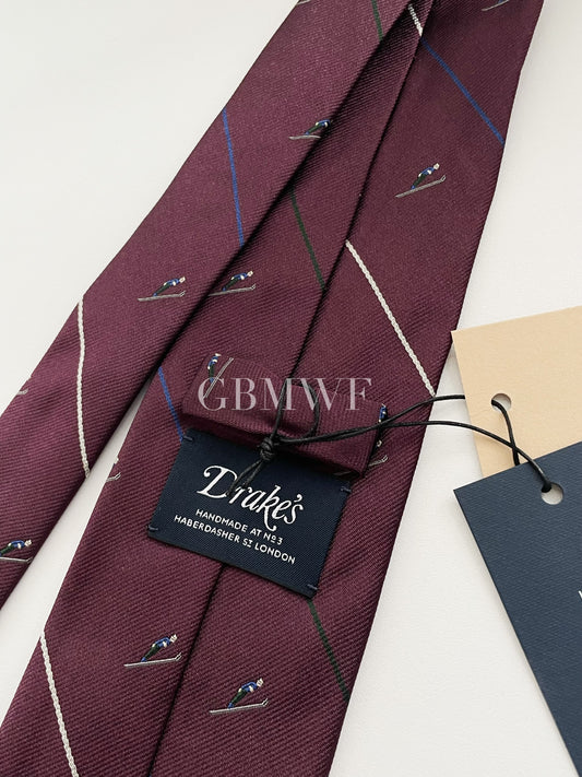 Limited Drakes Burgundy Handmade Silk Tie with Skiing Motif Sports Collection