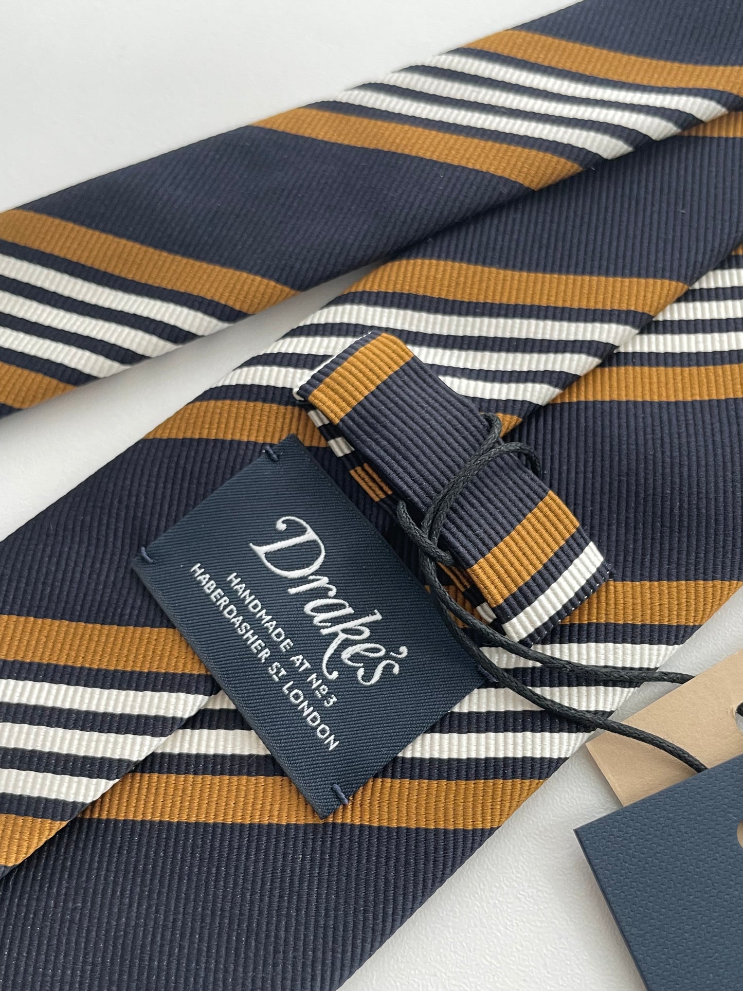 Drakes Handmade Striped Tipped Silk Tie With Tag