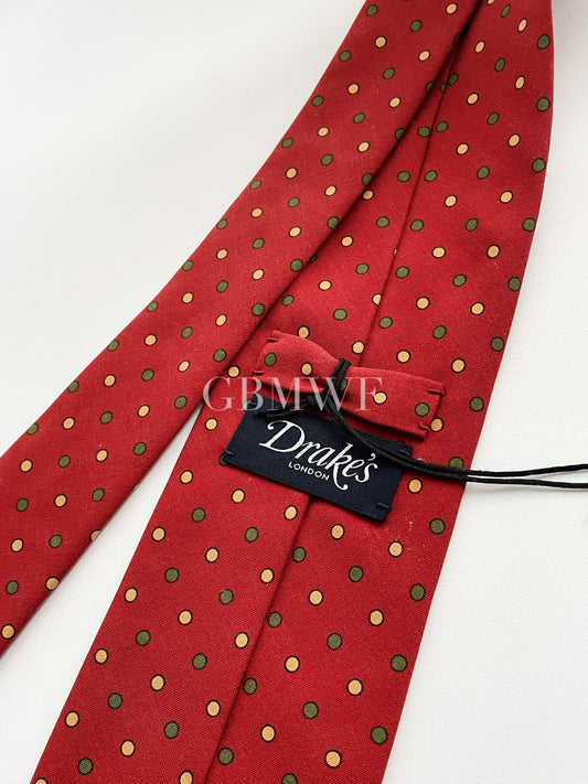 Drakes Polka Dot Handmade Rolled Edge Silk Tie With Tag