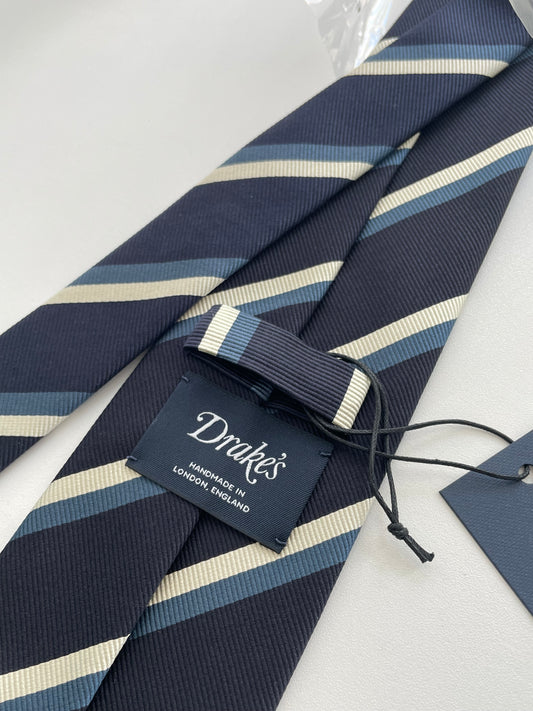 Drakes Handmade Striped Tipped Silk Tie With Tag
