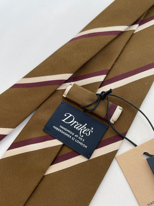 Drakes Handmade Striped Rolled Edge Cotton Silk Tie With Tag
