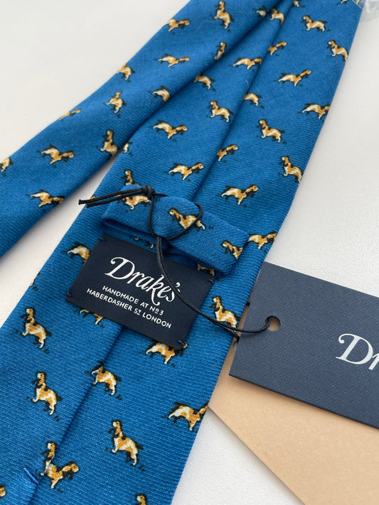 Drakes Hunting Dog Motif Handmade Tipped Wool Tie With Tag