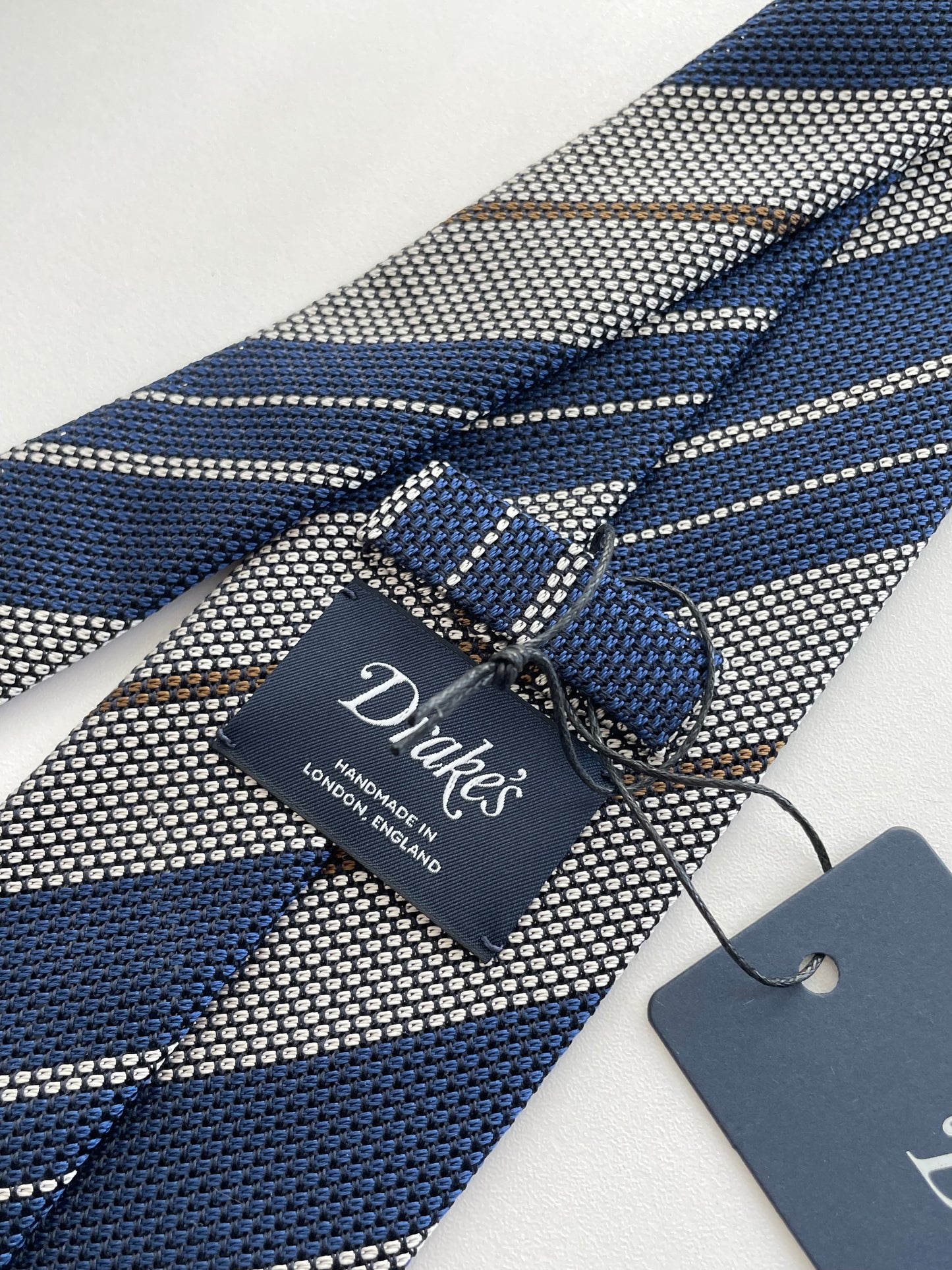 Drakes Handmade Striped Tipped Silk Tie With Tag