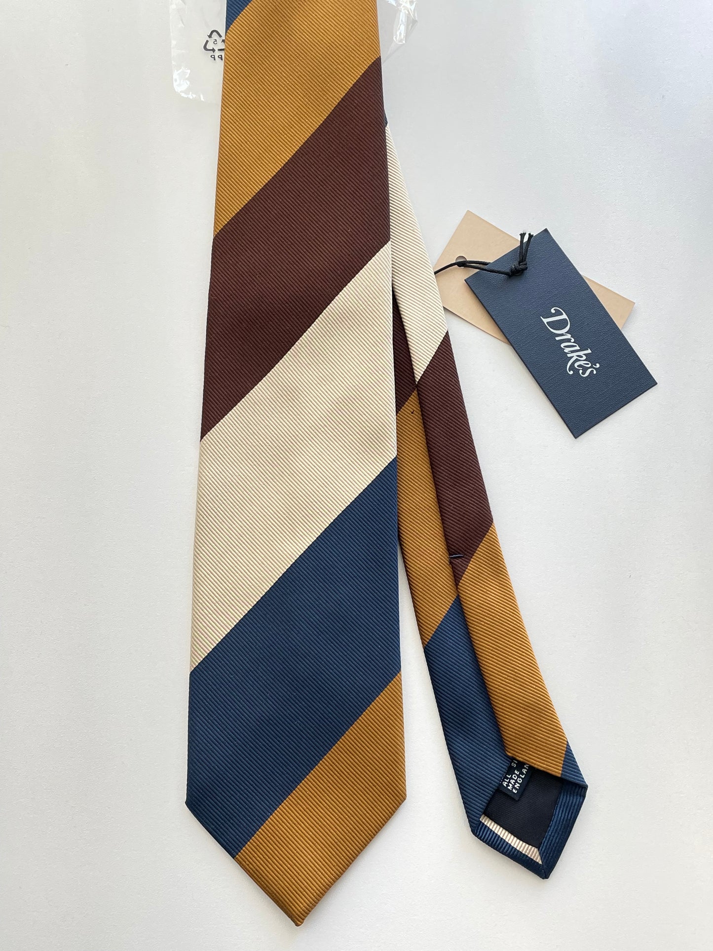 Drakes Handmade Striped Tipped Silk Tie With Tag
