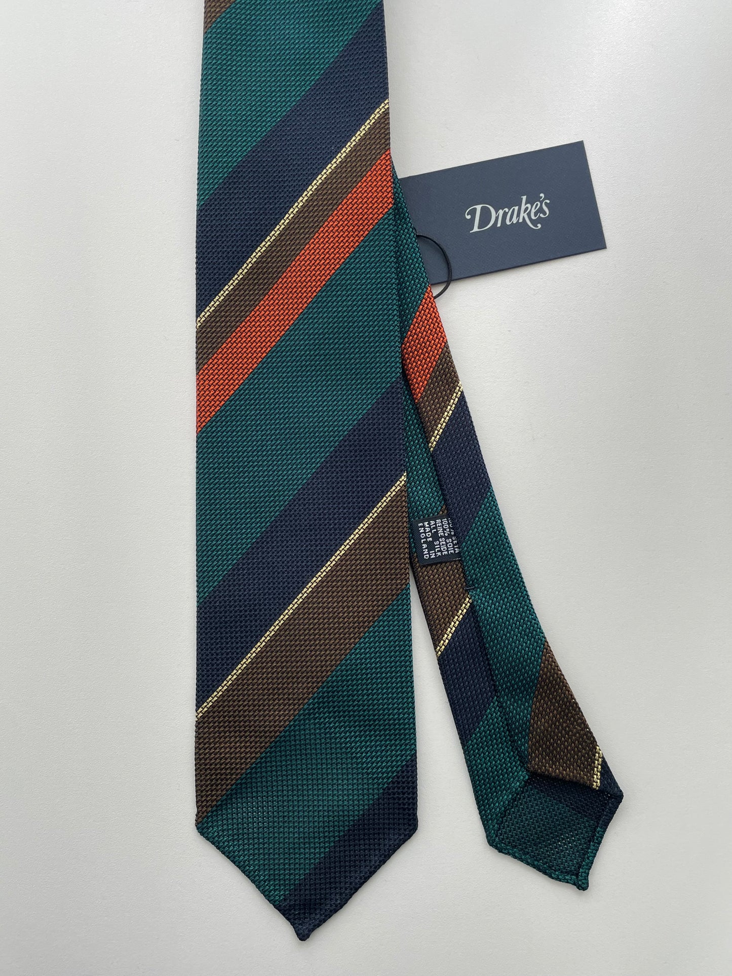 Drakes Multicoloured Block Stripe Hand Rolled Grenadine Silk Tie