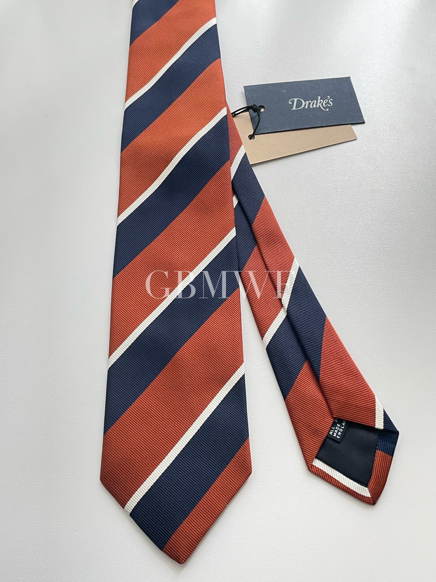 Drakes Handmade Striped Tipped Silk Tie With Tag