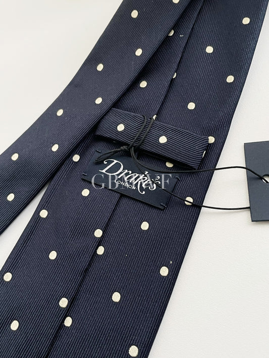 Drakes Handmade Polka Dot Tipped Silk Tie With Tag