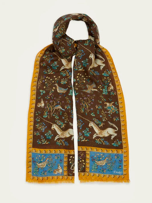 Drakes Brown Unicorn Print Wool-Silk Scarf 70*180cm