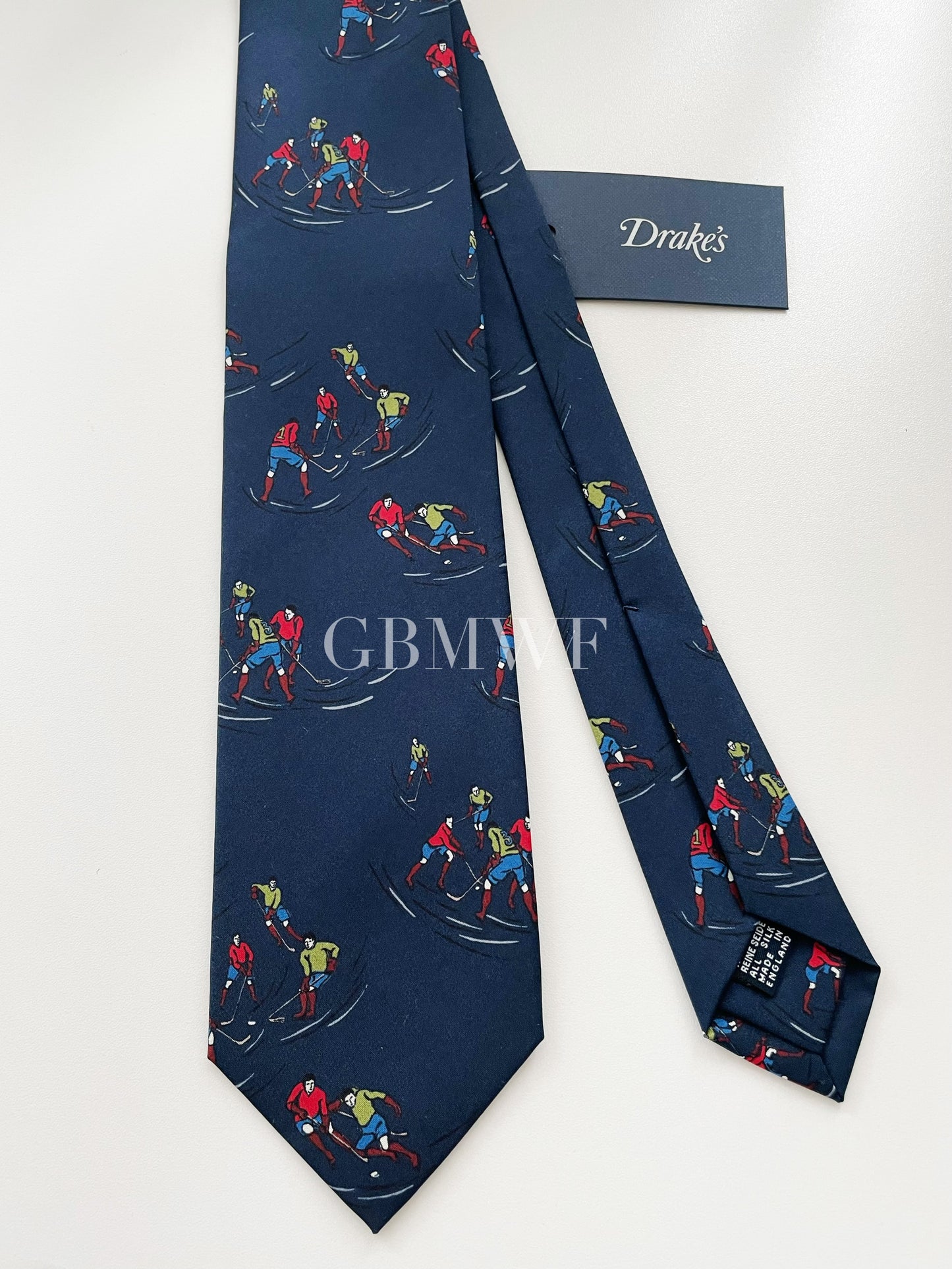 Limited Drakes Navy Handmade Silk Tie with Ice Hockey Motif Sports Collection