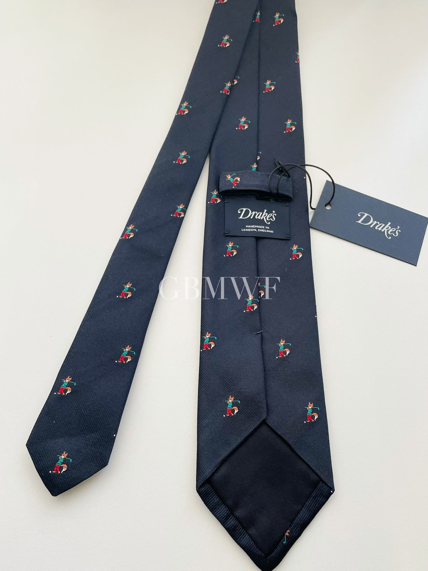 Drakes Handmade Tipped Silk Tie With Tag Golf Fox Limited Edition