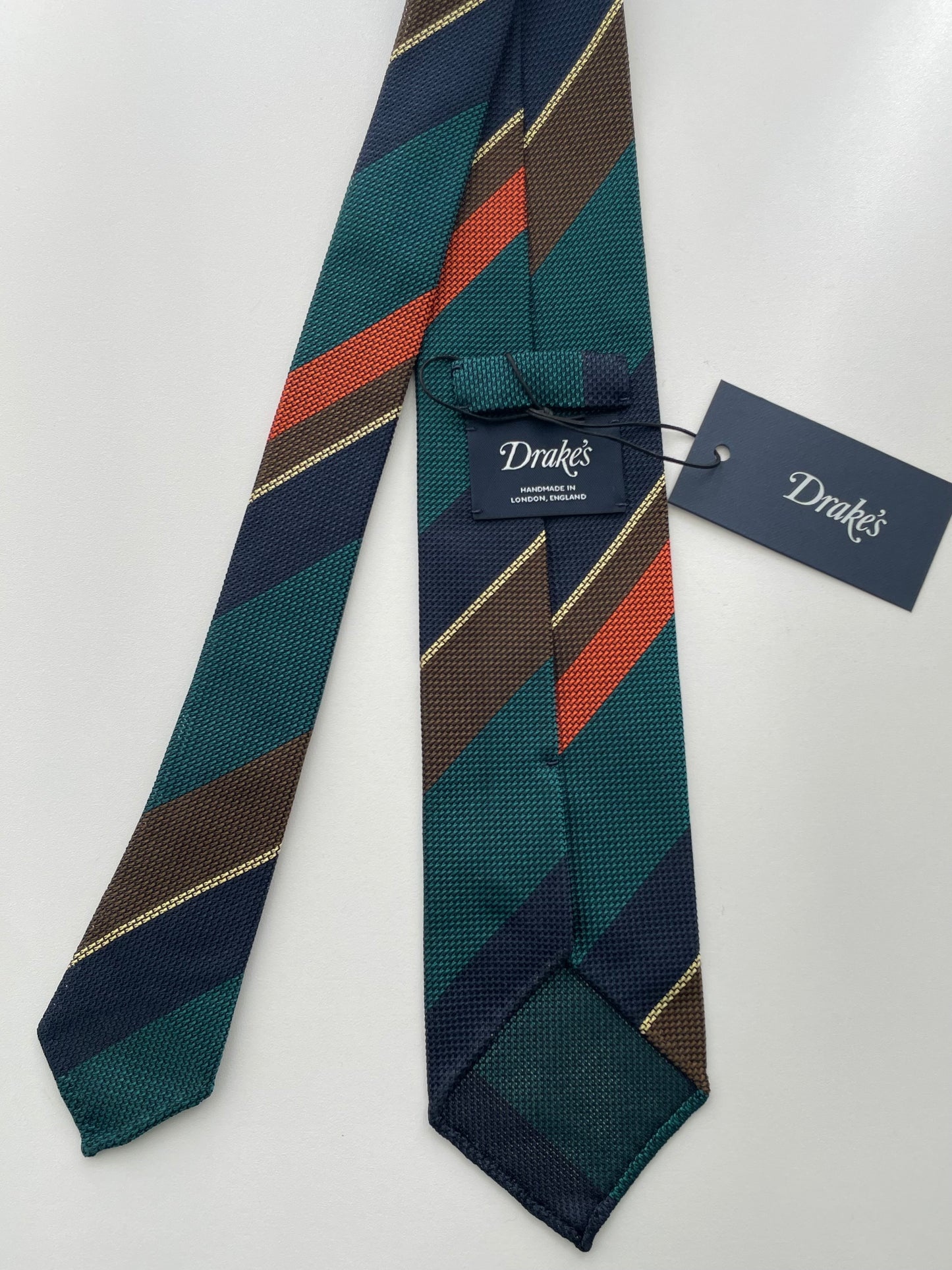 Drakes Multicoloured Block Stripe Hand Rolled Grenadine Silk Tie