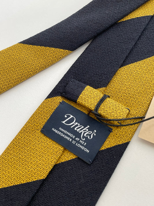 Drakes Black Yellow Hand-rolled Edge Block Stripe Silk Handmade Tie With Tag