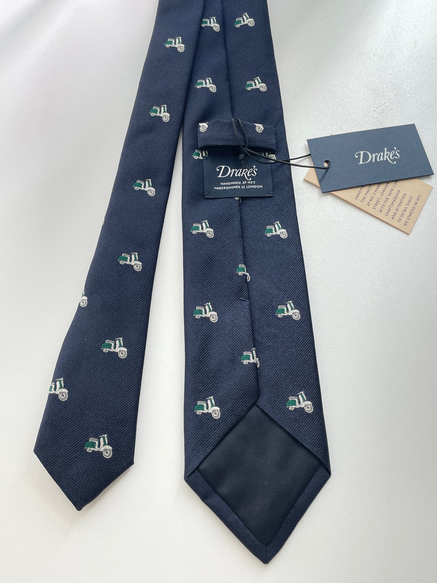 Drakes Motor Motif Navy Silk Tie Handmade Tie Limited Edition